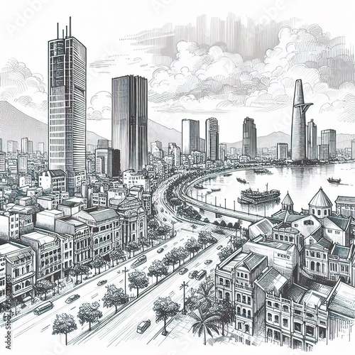 sketch Saigon city isolated in the white background