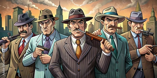 Colorful, humorous illustration of cartoon gangsters in fedoras and suits, brandishing tommy guns and cigars, set