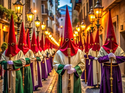 Colorful, ornate, and intricately designed brotherhood banners adorn the hooded figures of flagellants processing photo