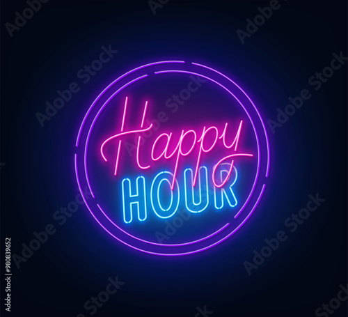 Happy Hour neon sign on dark background.
