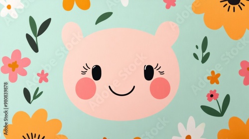Vintage floral tablecloth character with rosy cheeks and a friendly wave, floating on a pastel mint background 