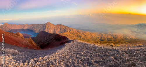 Panorama Mount Rinjani in beautiful sunrise (Gunung Rinjani) is an active volcano in Indonesia on the island of Lombok.