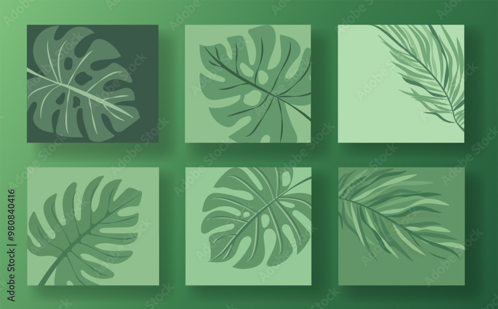 Set of six green leaf social media post templates on a light green background. Each template features different leaf designs in a minimalist, modern style. Concept of nature and botanical themes. Set of six green leaf social media post templates on a light green background. Each template features different leaf designs in a minimalist, modern style. Concept of nature and botanical themes.