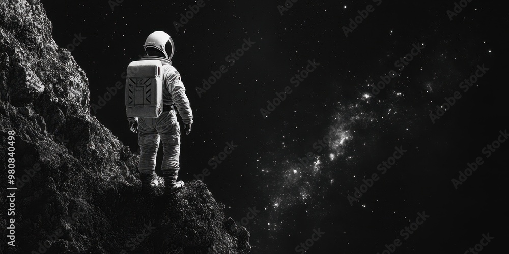 Obraz premium An astronaut stands on a rocky surface gazing at the vast galaxy, showcasing the beauty and mystery of outer space.