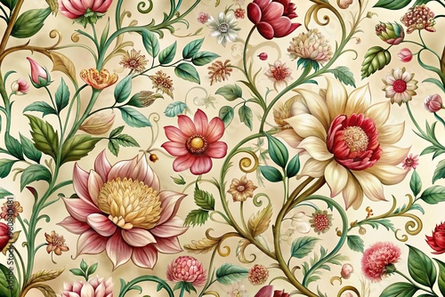 Whimsical, intricately detailed floral pattern with lush petals, vines, and ornate filigree, set against a soft, creamy background, evoking a sense of nostalgic elegance.