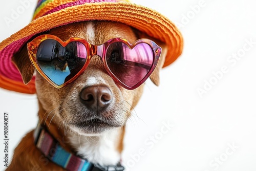 exuberant party dog wearing rainbowhued summer hat and oversized heartshaped sunglasses playful expression against white background embodies joy and whimsy in stylized vibrant portrait photo