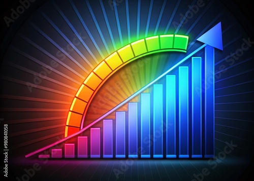 Colorful arrow gauges on a dark background, with progressing levels of completion, illustrating growth, achievement, photo