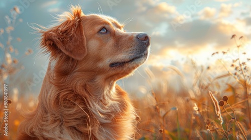 Golden retriever gazing thoughtfully at a stunning sunset over a grassy field in late afternoon light. Generative AI