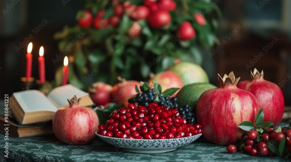 Yalda Night table with a spread of fruits, including pomegranates and watermelons, candles lit, and poetry books open Yalda Night table with a spread of fruits, including pomegranates and watermelons, candles lit, and poetry books open