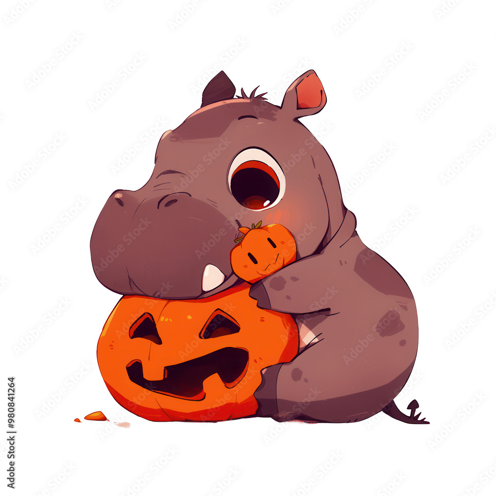 Naklejka premium A cute hippo holding a small pumpkin, surrounded by Halloween spirit and joy, perfect for festive designs and illustrations, PNG, transparent, No background