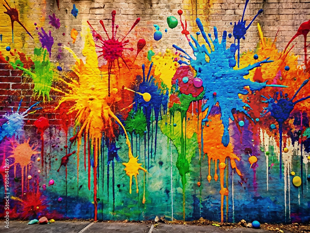 Fototapeta premium Vibrant splashes of colorful paint dance across a gritty urban wall, creating a dynamic abstract background with bold textures and edgy pop art flair.