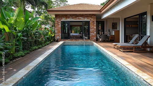 Wallpaper Mural A modern villa with a swimming pool and a wooden deck. Torontodigital.ca