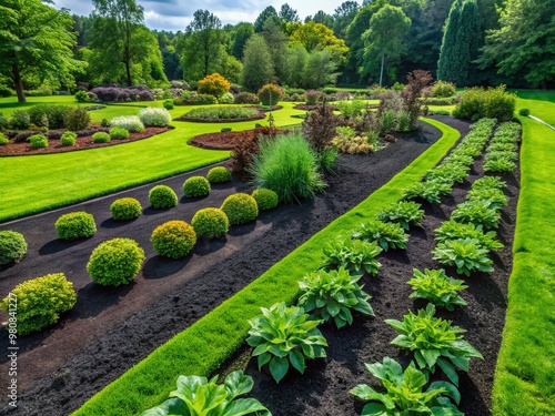 Vibrant green garden beds are neatly defined by a uniform layer of rich black weed control mulch, covering the entire field in a tidy landscape. photo