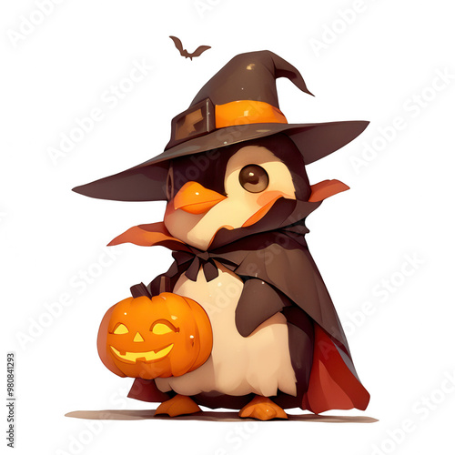 A cute penguin in a witch costume holding a Halloween pumpkin, perfect for festive decorations or children's themes, PNG, transparent, No background