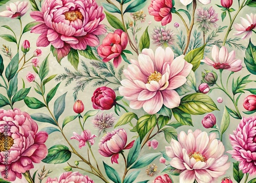 Seamless Floral Blossom Watercolor Drawing Botanical Texture Painting Flower Pattern Fabric Print Nature Background Illustration.Retro Vintage Spring Pink Color Plant Garden Painting Wallpaper Design.