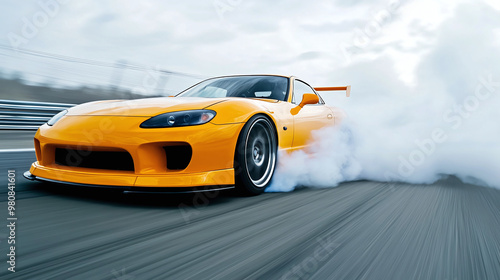 an orange sports car drifting at high speed, tires screeching and smoke billowing as it takes a sharp corner photo