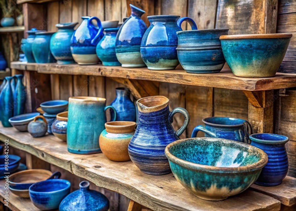 Colorful blue clay pottery pieces displayed on a rustic wooden shelf, each with a handwritten price tag, surrounded