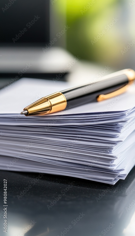 A stack of loan application papers on a desk, with a pen resting on top, signifying the decision-making process