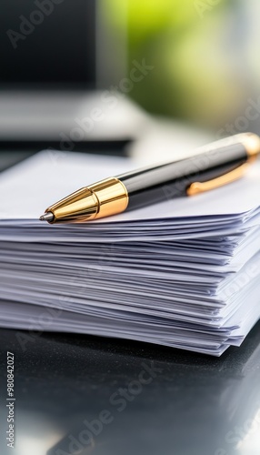 Obraz na płótnie A stack of loan application papers on a desk, with a pen resting on top, signifying the decision-making process w salonie