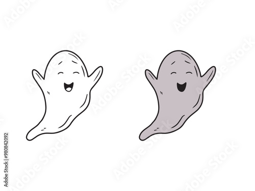 Cute nice smiling grey ghost spook in black isolated on white background. Hand drawn vector sketch illustration in doodle engraved vintage line art style. Happy Halloween symbol, horror, coloring book