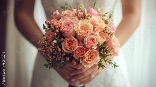 Bride holding a beautiful bouquet of pastel roses and flowers indoors during a wedding