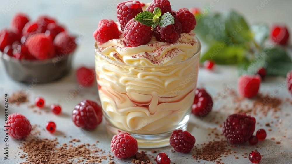 Delightful raspberry dessert garnished with mint leaves showcases vibrant colors and textures. Generative AI Delightful raspberry dessert garnished with mint leaves showcases vibrant colors and textures. Generative AI