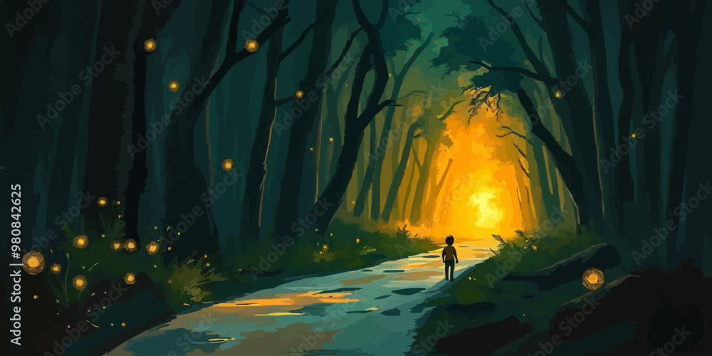 Obraz premium Alone Little boy goes on a trip in magic forest landscape digital art illustration.