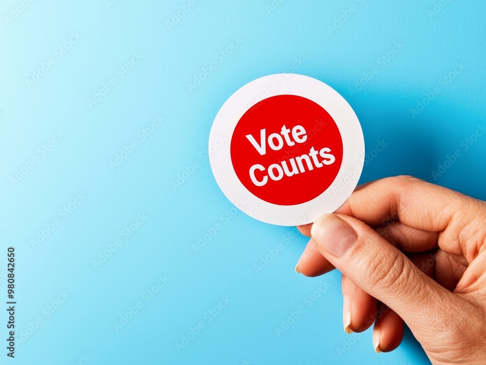 A hand holding a round sticker that says 'Vote Counts' on a light blue background, emphasizing the importance of participation. A hand holding a round sticker that says 'Vote Counts' on a light blue background, emphasizing the importance of participation.