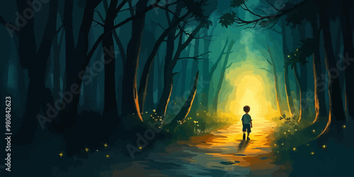 Alone Little boy goes on a trip in magic forest landscape digital art illustration.