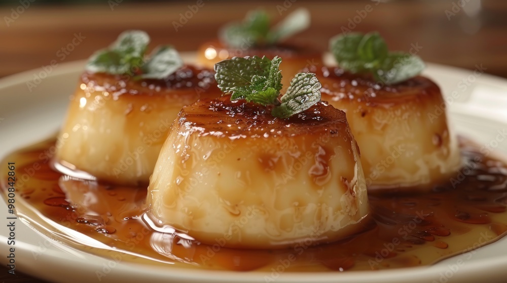 Delicious caramel flan garnished with fresh mint leaves on a rustic wooden table in a cozy restaurant setting. Generative AI Delicious caramel flan garnished with fresh mint leaves on a rustic wooden table in a cozy restaurant setting. Generative AI