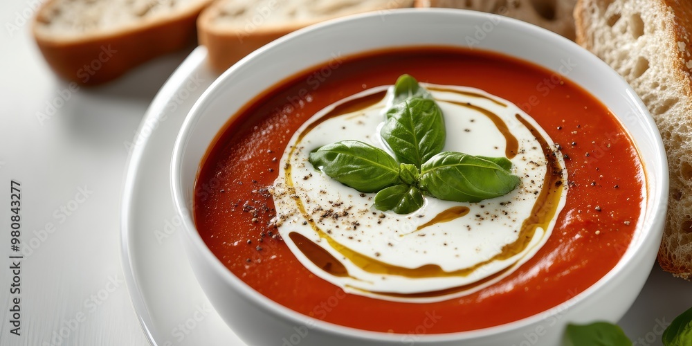 Delicious tomato soup garnished with fresh basil and cream, served with crusty bread, perfect for a comforting meal. Delicious tomato soup garnished with fresh basil and cream, served with crusty bread, perfect for a comforting meal.
