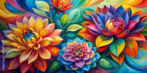 Vibrant cubist flowers in bold brushstrokes of oil on canvas blend with soft pastel hues, abstracted petals unfolding in a kaleidoscope of modern artistic expression.