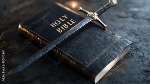 A closed Holy Bible with a sword placed across it, resting on a dark, textured surface, symbolizing faith and strength.