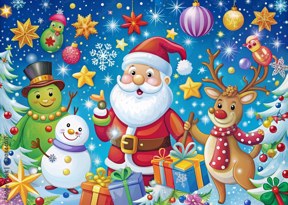 Colorful festive illustration of Santa Claus, reindeer, snowmen, and gifts amidst swirling snowflakes and stars, Colorful festive illustration of Santa Claus, reindeer, snowmen, and gifts amidst swirling snowflakes and stars,