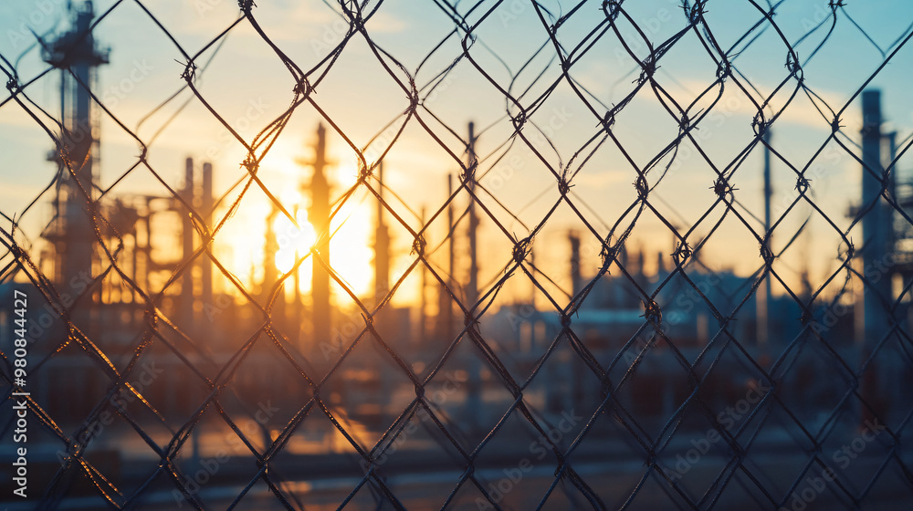 Chain link fence is guarding an industrial facility at sunset, with a golden sky in the background Chain link fence is guarding an industrial facility at sunset, with a golden sky in the background