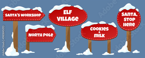 Set of decorative Christmas signs, signs with funny inscriptions. Elements for design. Vector graphics.