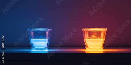 Vibrant illuminated drinks in blue and orange cups, showcasing modern aesthetics and party vibes.