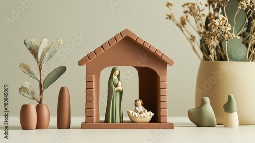 Contemporary nativity scene in olive and terracotta, with a terracotta stable and warm, organic details for a modern twist on tradition. Nativity scene, New Year, Christmas photo