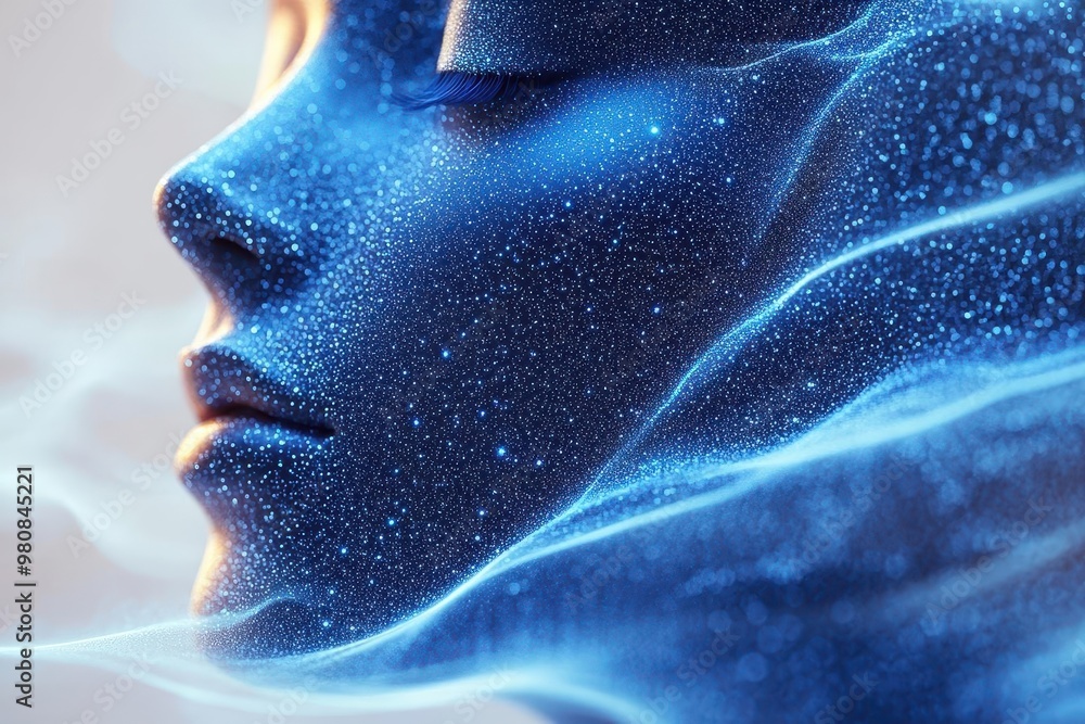 futuristic ai entity composed of shimmering blue light particles radiating intelligence and consciousness sleek abstract form emerging from a pristine white backdrop