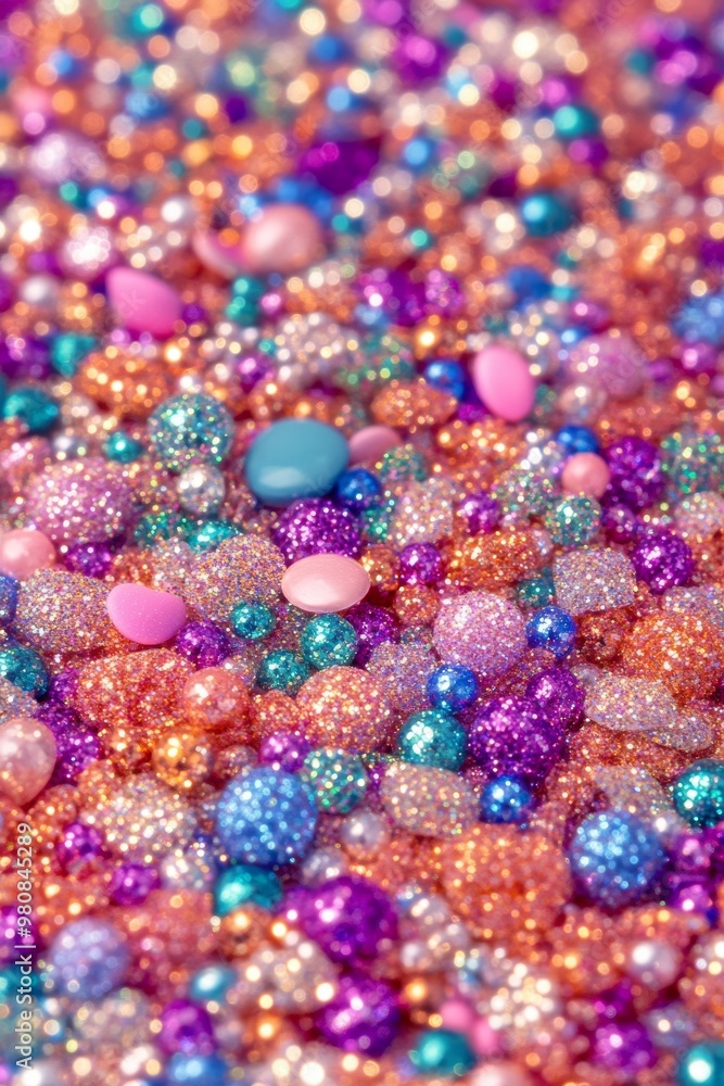 A vibrant collection of colorful beads and glitter scattered together, perfect for crafts or artistic projects. A vibrant collection of colorful beads and glitter scattered together, perfect for crafts or artistic projects.