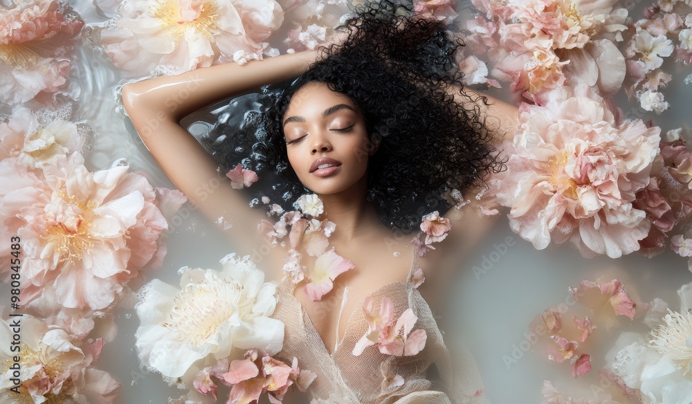 Tranquil and harmonious image of a woman surrounded by vibrant blossoms, symbolizing balance between human and nature, and journey of renewal and personal transformation. Tranquil and harmonious image of a woman surrounded by vibrant blossoms, symbolizing balance between human and nature, and journey of renewal and personal transformation.