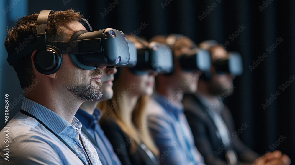 A group of business people wearing VR headsets at a conference A group of business people wearing VR headsets at a conference
