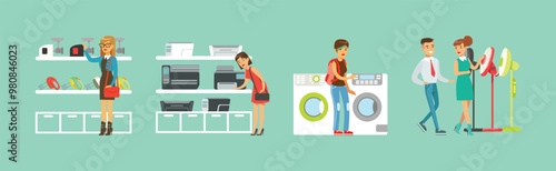 Smiling People Character In Electronic Store Shopping Vector Set