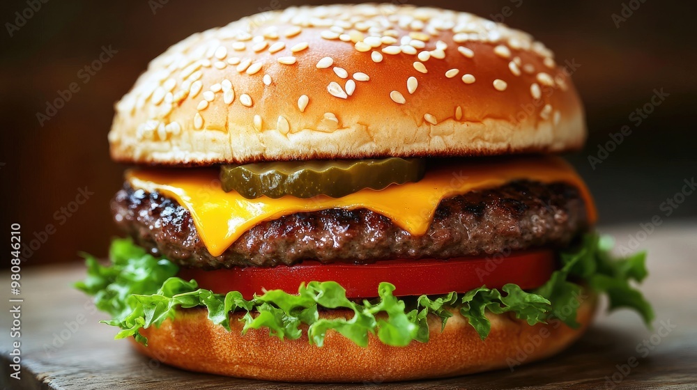 A juicy cheeseburger with crisp lettuce, ripe tomatoes, and pickles, dripping with flavor inside a sesame seed bun. A juicy cheeseburger with crisp lettuce, ripe tomatoes, and pickles, dripping with flavor inside a sesame seed bun.