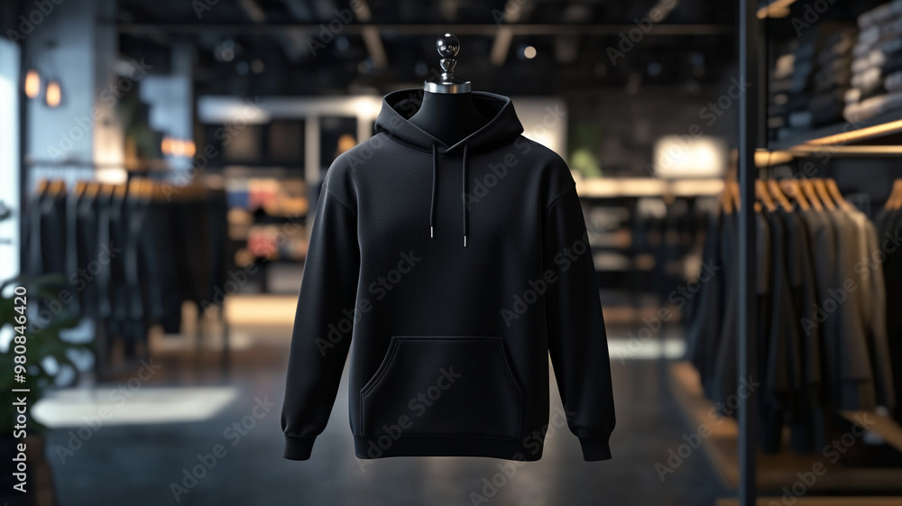 A mockup of black hoodie on a mannequin in a store, a mockup template for a branding presentation A mockup of black hoodie on a mannequin in a store, a mockup template for a branding presentation