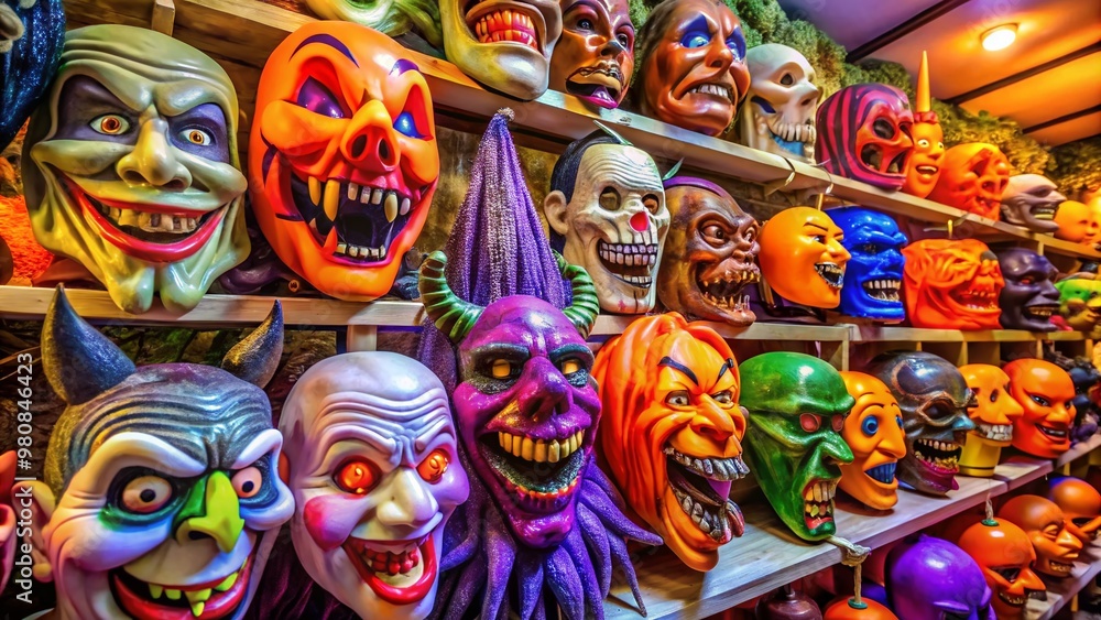 Colorful shelves overflowing with creepy latex masks featuring ghoulish grins, glowing eyes, and twisted faces, Colorful shelves overflowing with creepy latex masks featuring ghoulish grins, glowing eyes, and twisted faces,