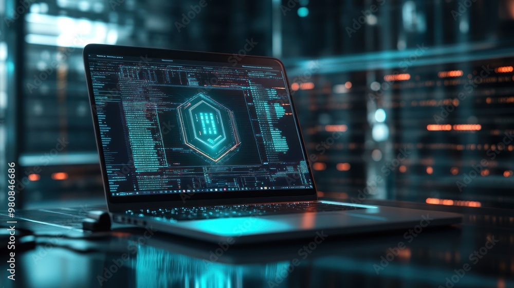 Futuristic cybersecurity interface on laptop screen Futuristic cybersecurity interface on laptop screen