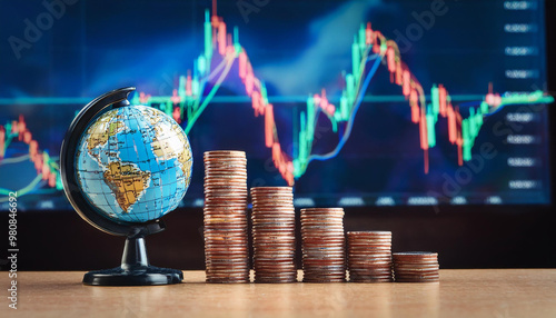 積み重ねられた硬貨が段階的に並び、その隣に地球儀が置かれています。背景には株価チャートが表示され、投資、グローバル経済、そして財務の成長を象徴する構図です。generative AI