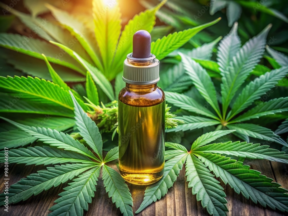 A sleek glass bottle containing cannabis oil sits amidst a bed of vibrant green marijuana leaves, symbolizing modern medical and cosmetic uses of the plant. A sleek glass bottle containing cannabis oil sits amidst a bed of vibrant green marijuana leaves, symbolizing modern medical and cosmetic uses of the plant.