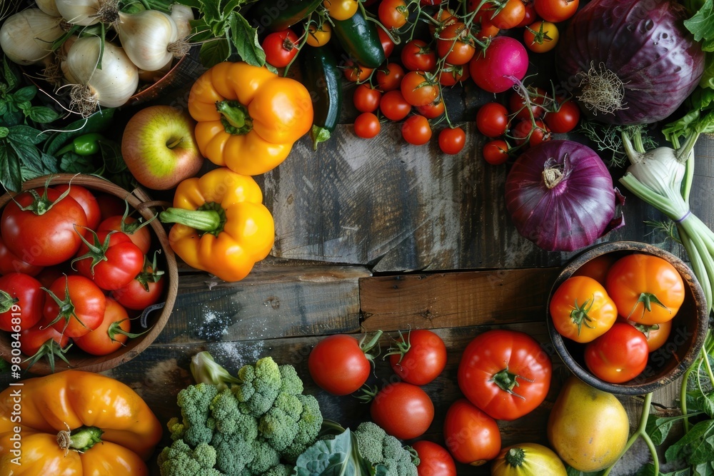Fresh Organic Vegetables Assortment on Rustic Wooden Table Fresh Organic Vegetables Assortment on Rustic Wooden Table